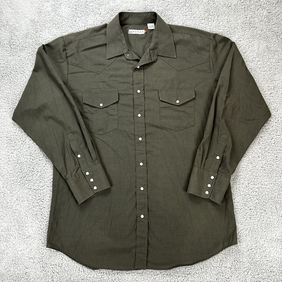 Mens Roper Button Up Shirt Pearl Snaps Size XL Western Cut Olive Gray - Picture 1 of 11